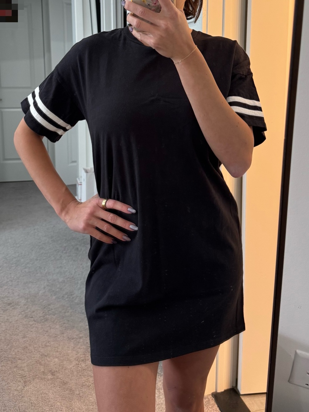women’s t-shirt dress in black with white stripes on sleeves (size M)